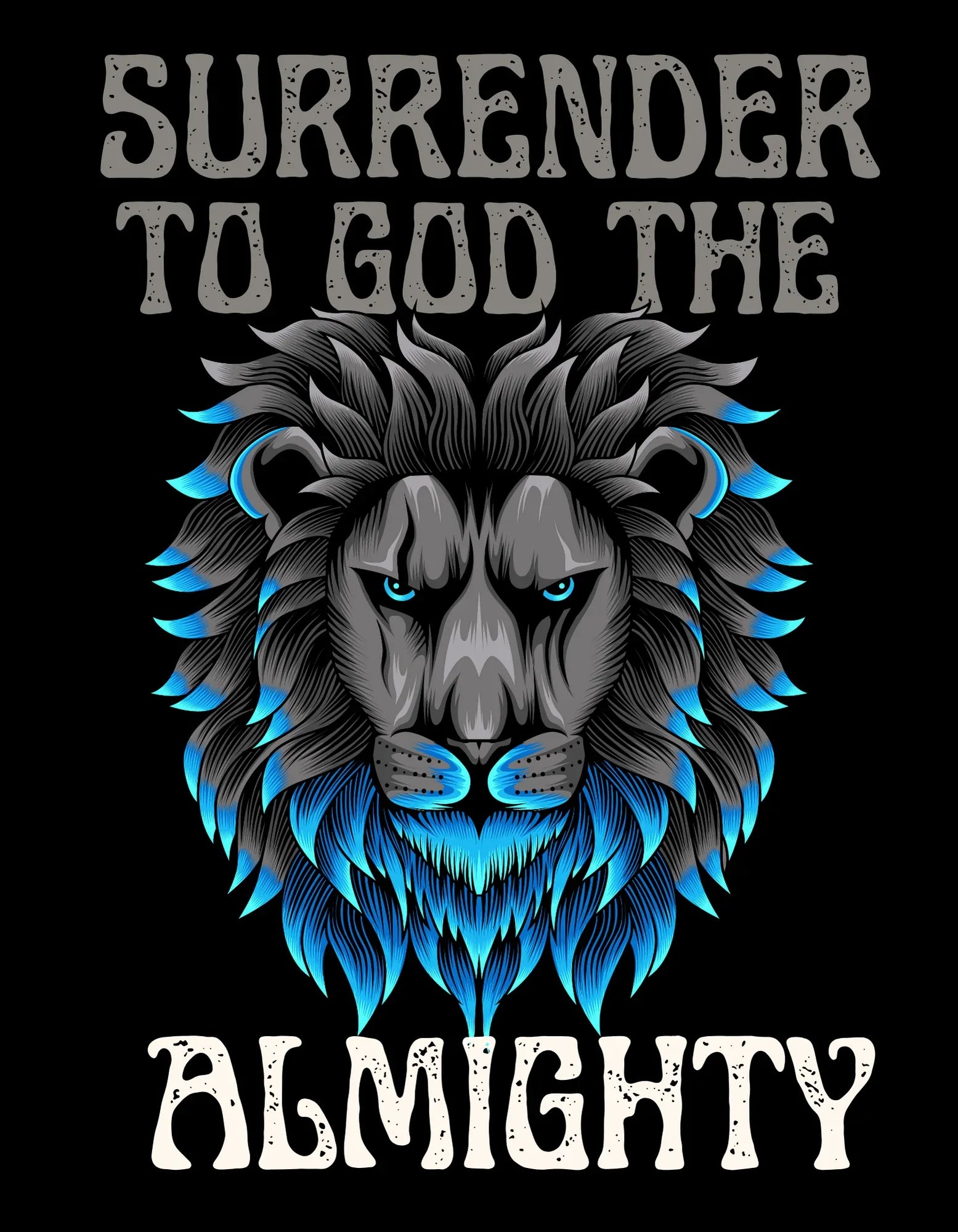 Black hoodie graphic: blue lion face with 'ALMIGHTY' lettering