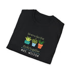 Black crewneck teacher T-shirt with cartoon plants and 'MRS. WILSON' graphic.