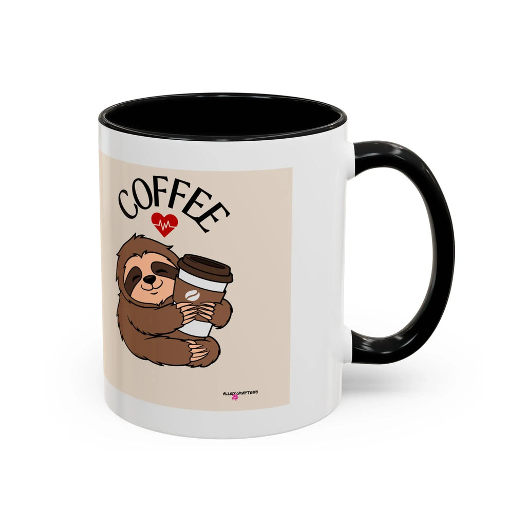 White coffee mug with black interior and handle, sloth holding coffee cup with 'COFFEE'