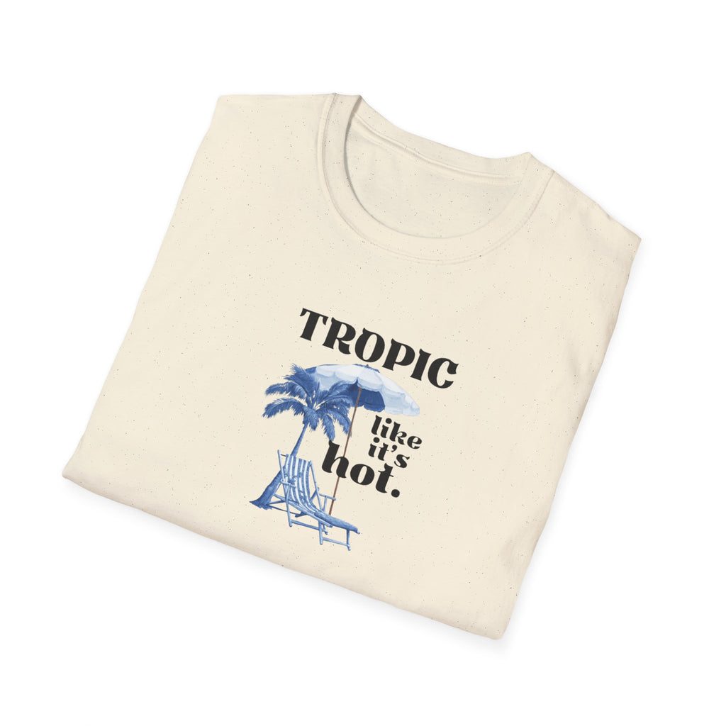 Natural/cream T-shirt with chest tropical graphic and text "TROPIC like it's hot."