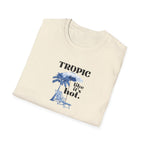 Natural/cream T-shirt with chest tropical graphic and text "TROPIC like it's hot."