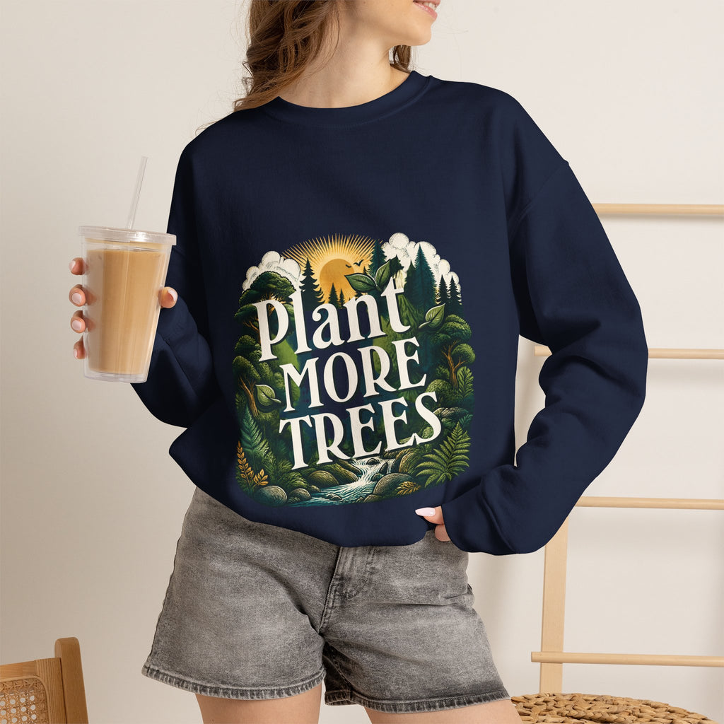 Navy crewneck sweatshirt with tree and forest graphic on front