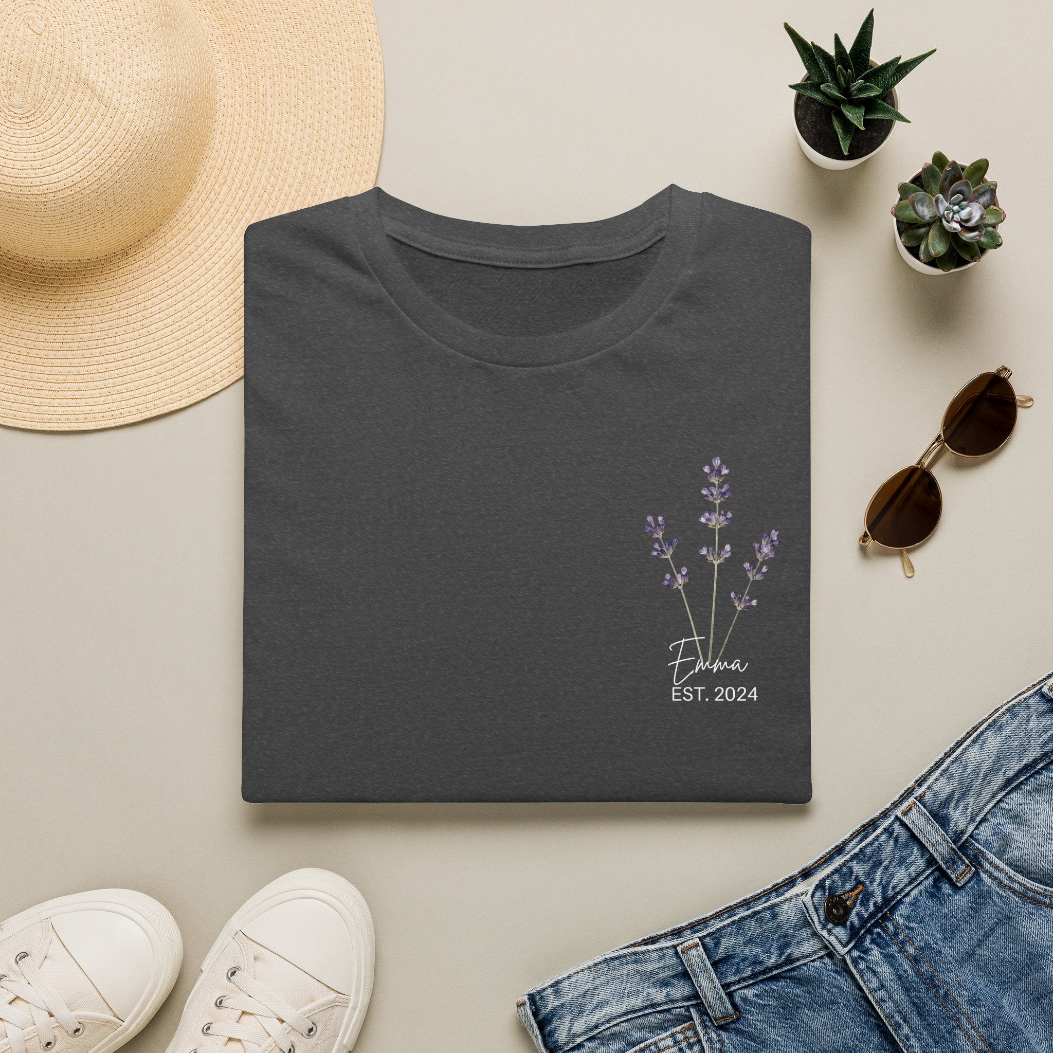 Personalised lavender sprig t-shirt in grey — front view showing custom name and year chest print