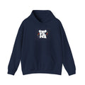 Navy unisex slogan hoodie with hood and front kangaroo pocket.