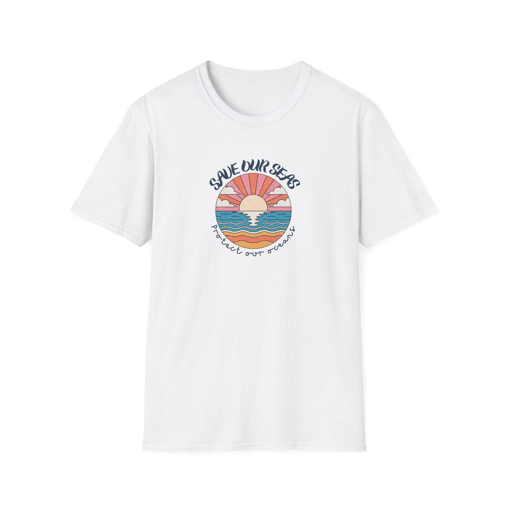 Save Our Seas T-Shirt | Retro Sunset Ocean Conservation Tee UK - AlleyCrafters