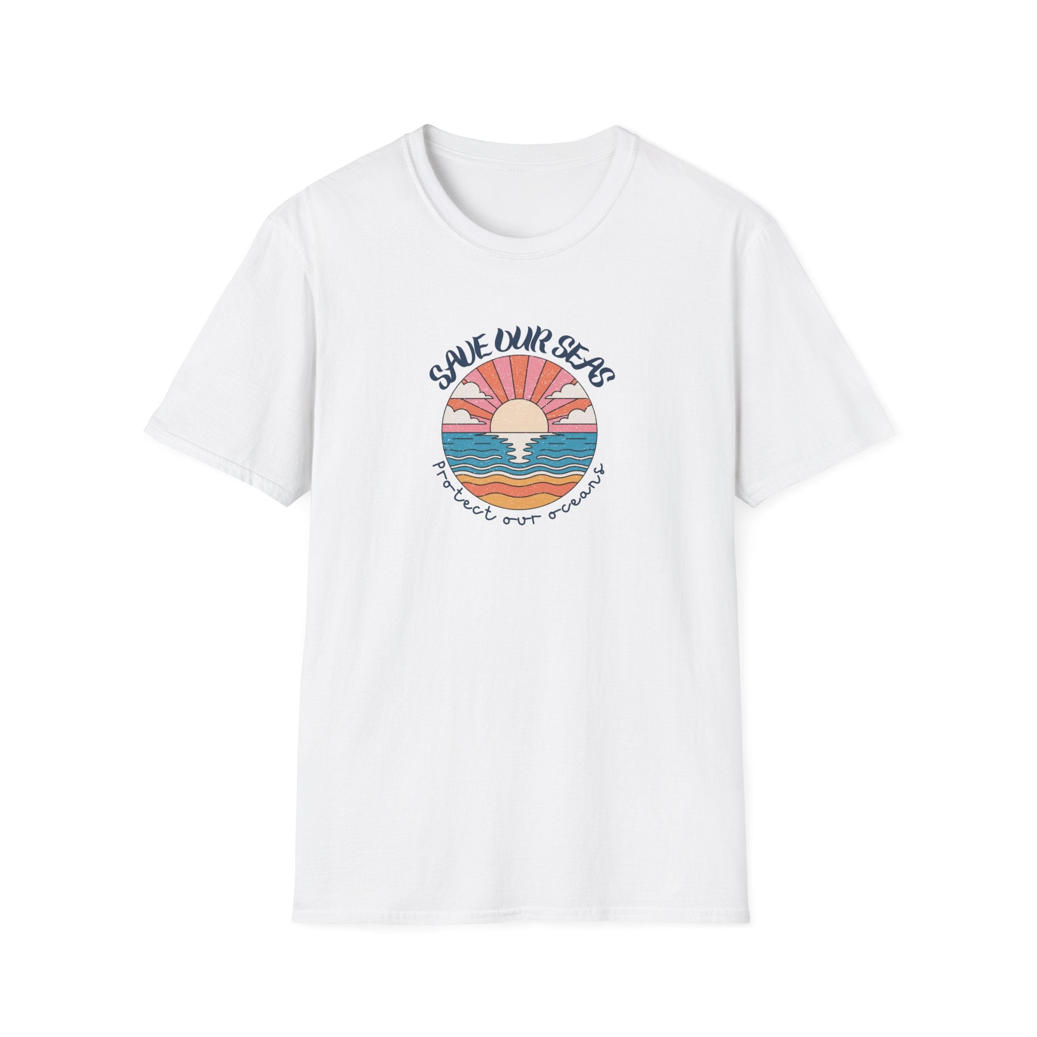 Save Our Seas T-Shirt | Retro Sunset Ocean Conservation Tee UK - AlleyCrafters