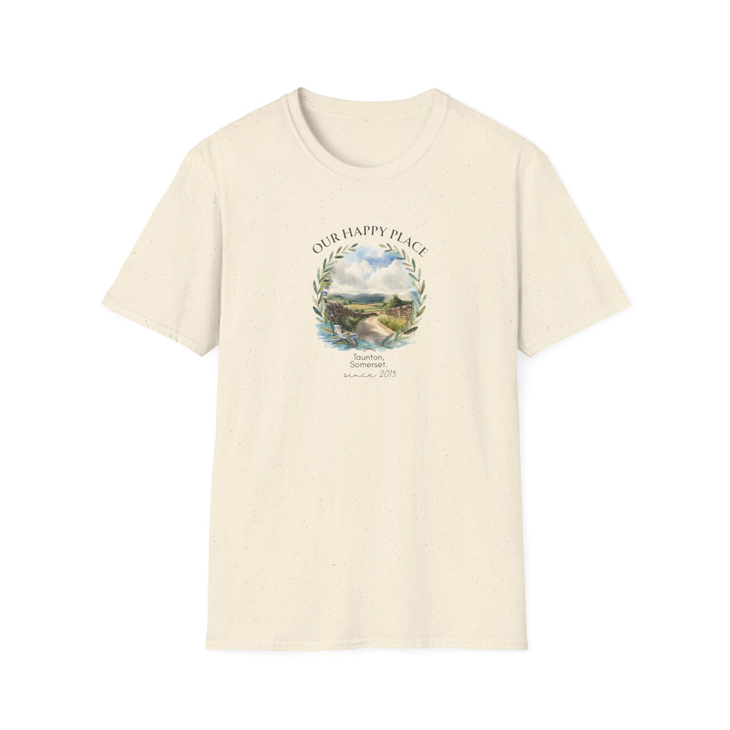 Our Happy Place Scenic T‑Shirt — Personalized Town Landscape Tee