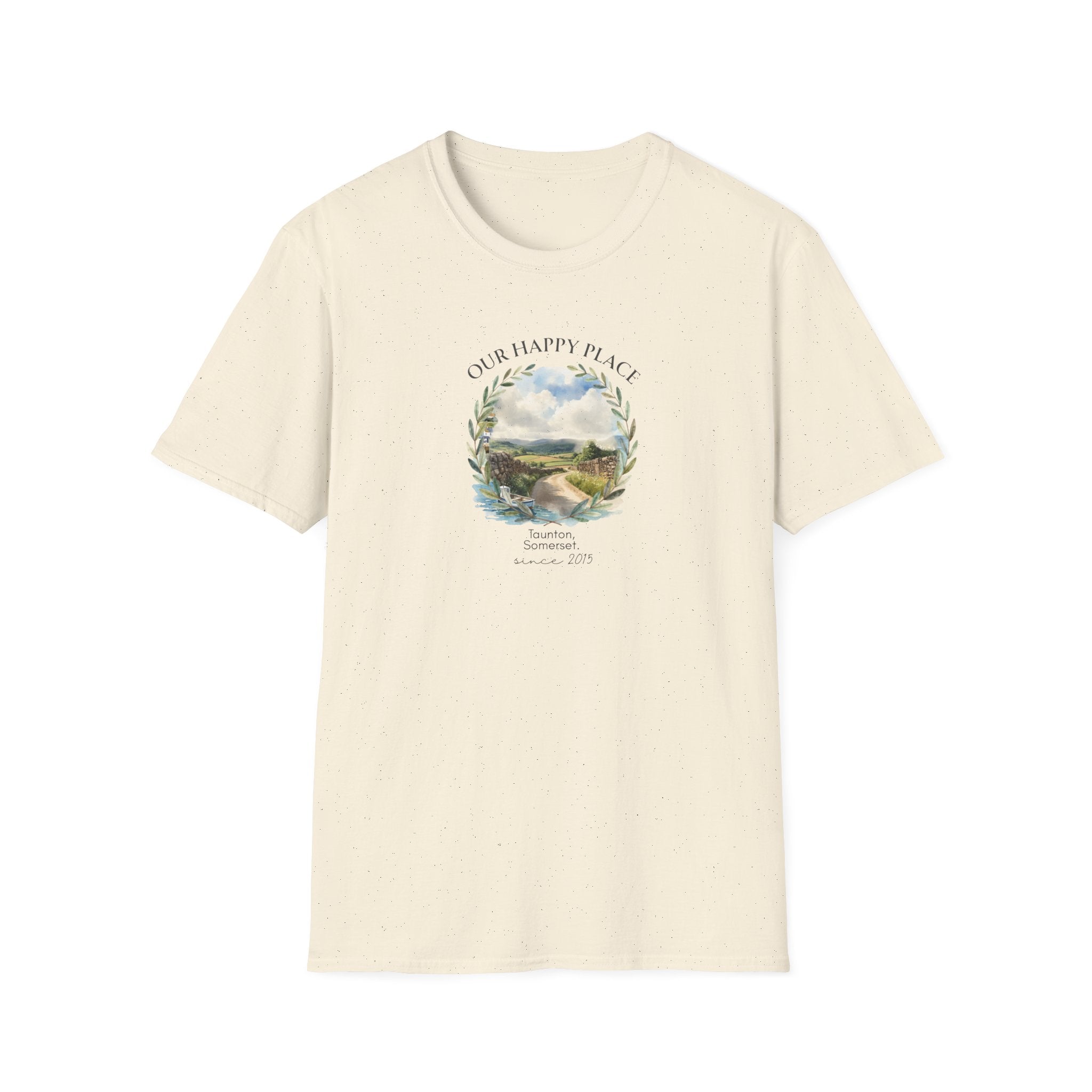 Our Happy Place Scenic T‑Shirt — Personalized Town Landscape Tee