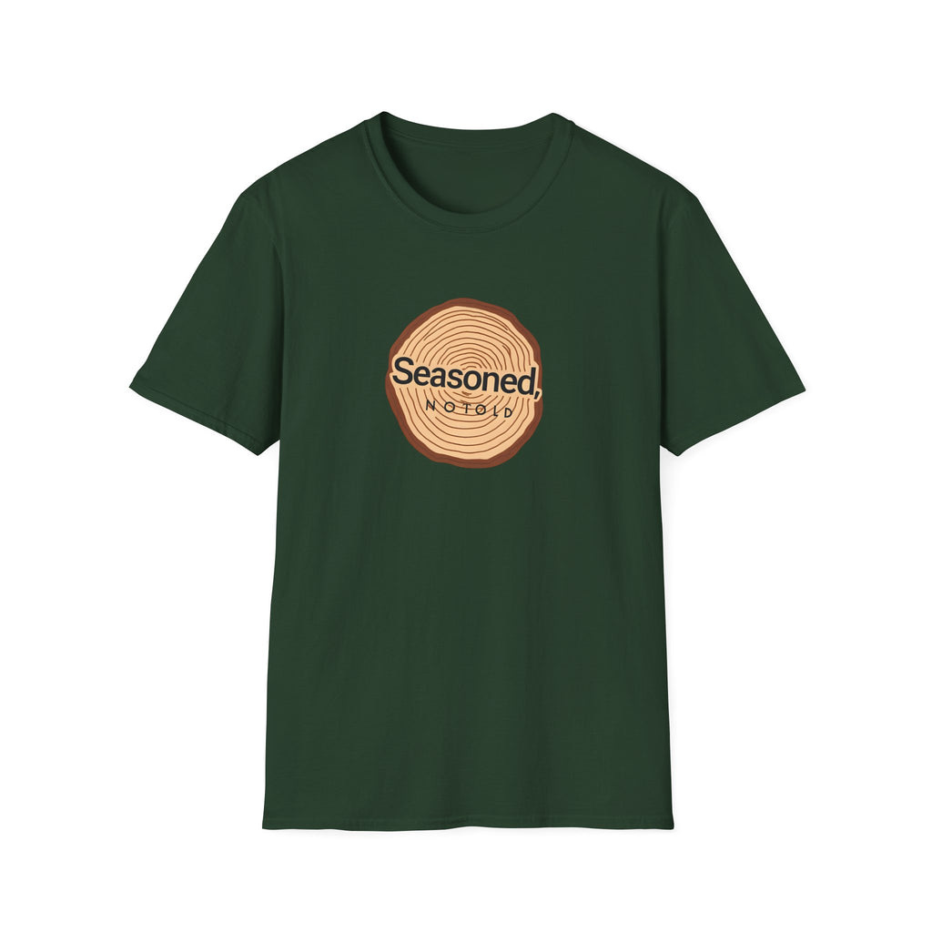 Forest green crew-neck T-shirt with circular tree-ring badge graphic reading 'Seasoned'