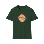 Forest green crew-neck T-shirt with circular tree-ring badge graphic reading 'Seasoned'