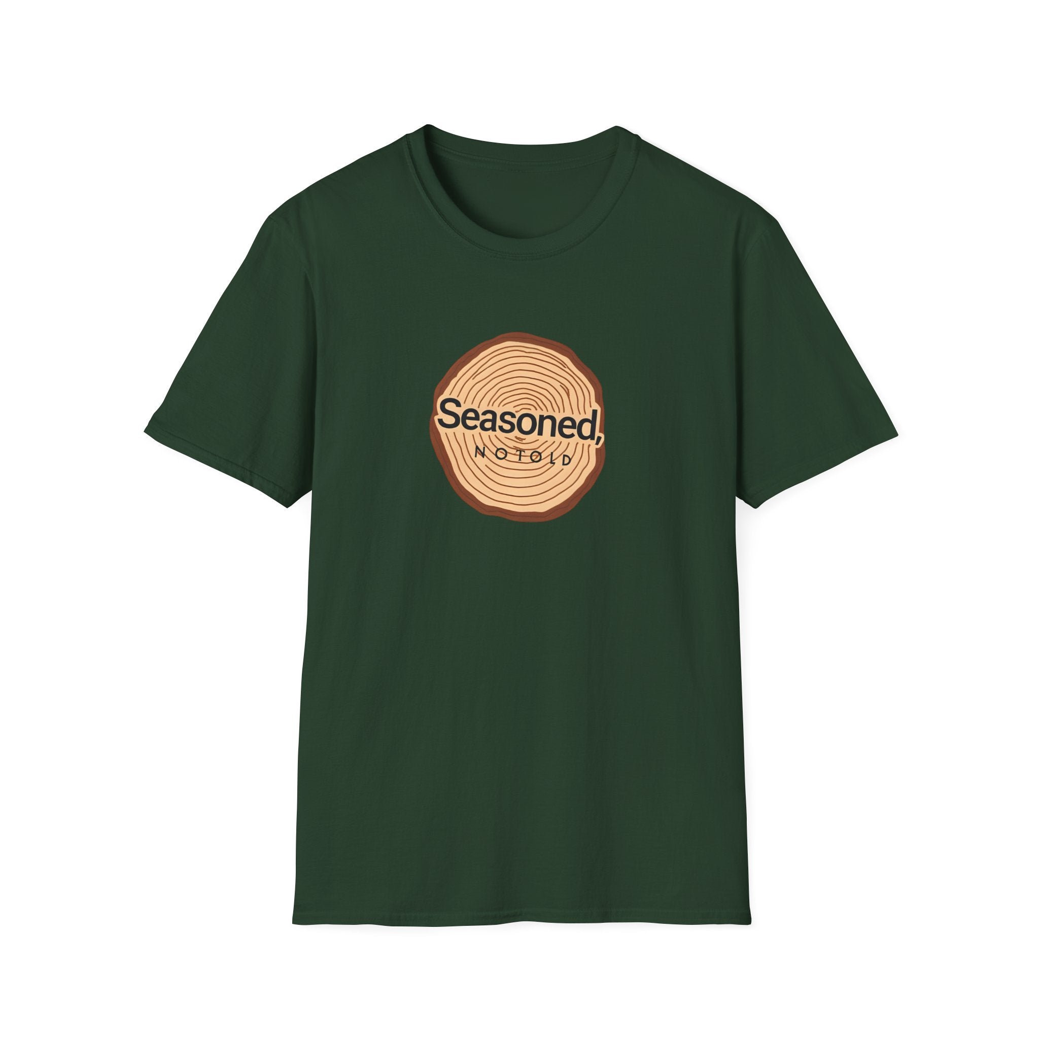 Forest green crew-neck T-shirt with circular tree-ring badge graphic reading 'Seasoned'