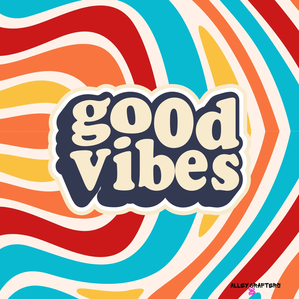 Tote bag logo patch with “good vibes” text over colorful wavy lines