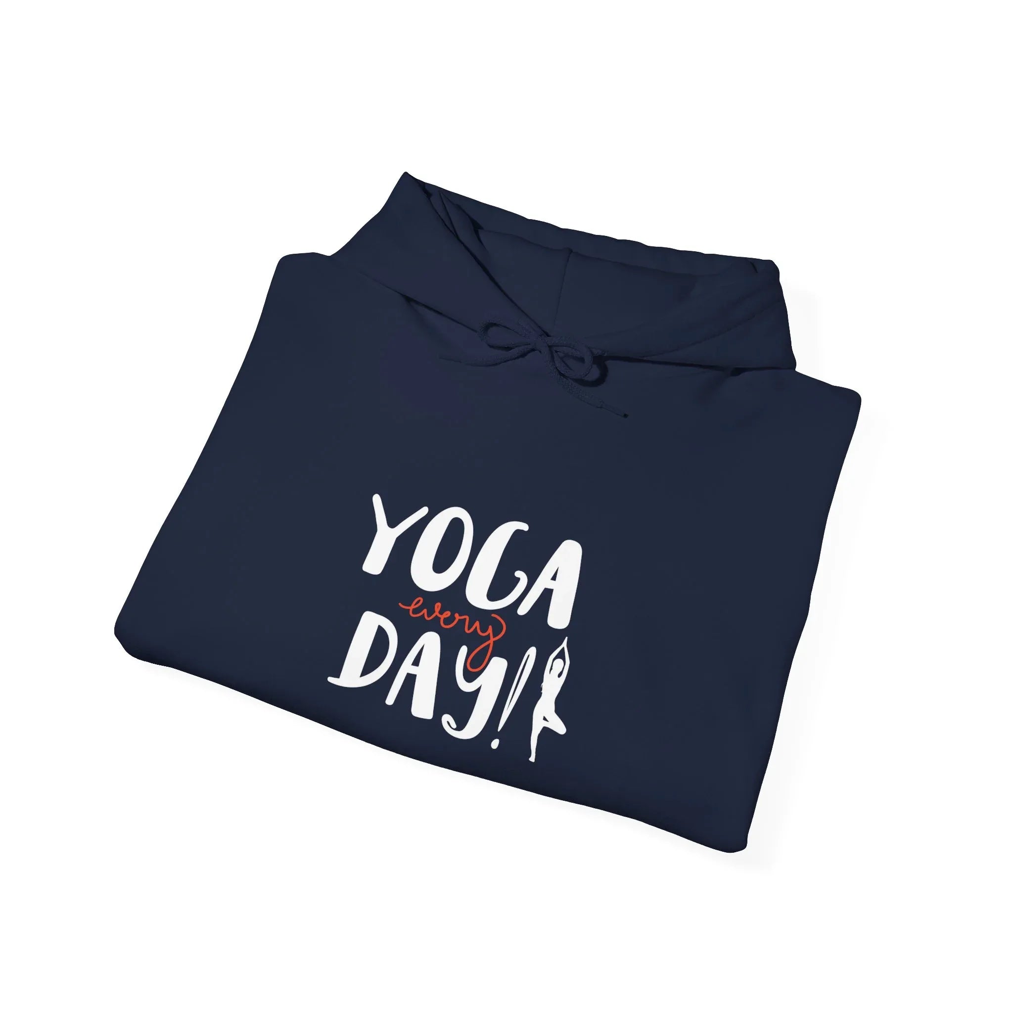 Navy yoga hoodie folded flat with "YOGA every day!" chest graphic