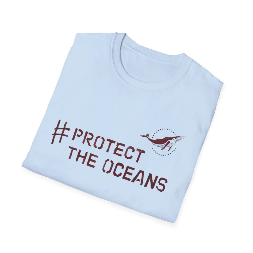 Light blue T-shirt with #PROTECT THE OCEANS text and bird graphic