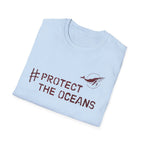 Light blue T-shirt with #PROTECT THE OCEANS text and bird graphic