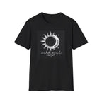 Black graphic T-shirt with sun and moon emblem and 'wild soul Harriet' print
