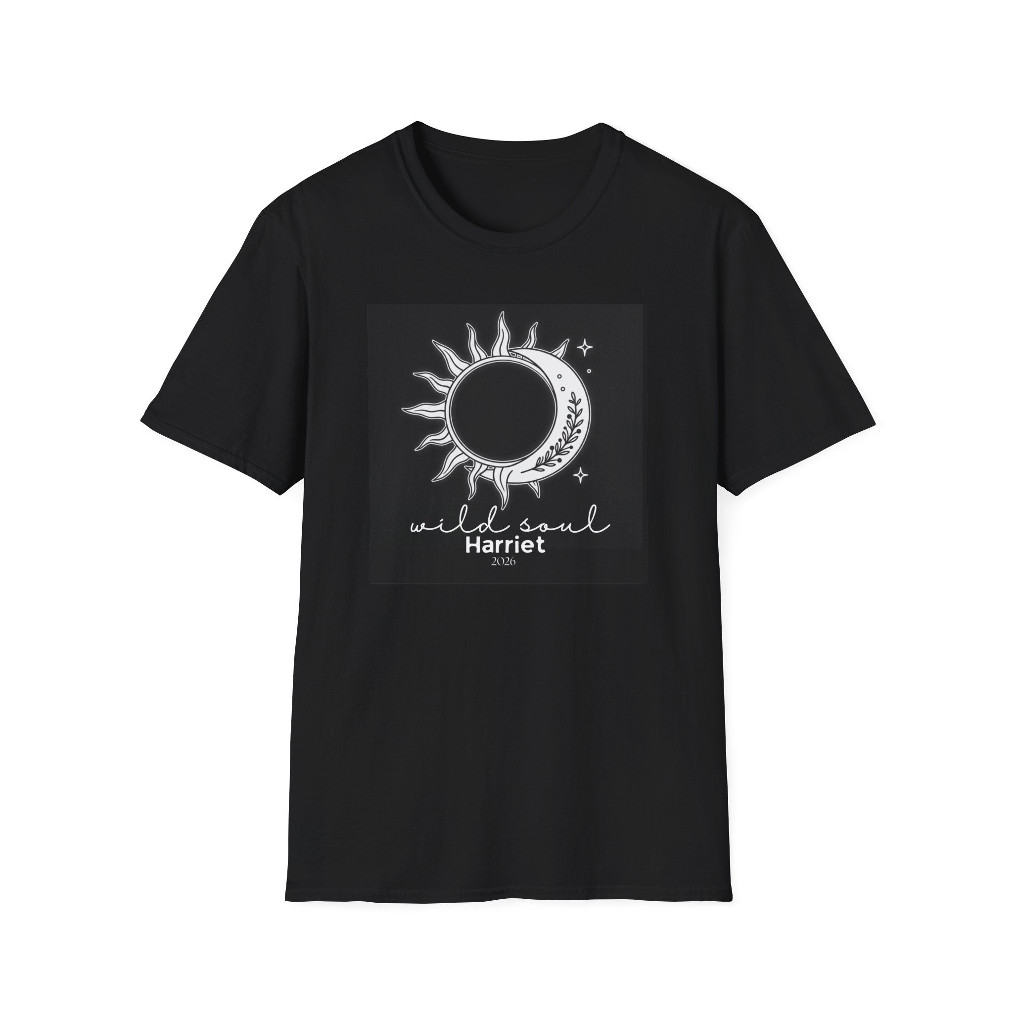 Black graphic T-shirt with sun and moon emblem and 'wild soul Harriet' print