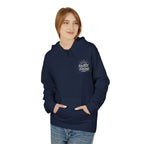 Navy hoodie with hood and front pocket, Rooted & Rising logo on chest