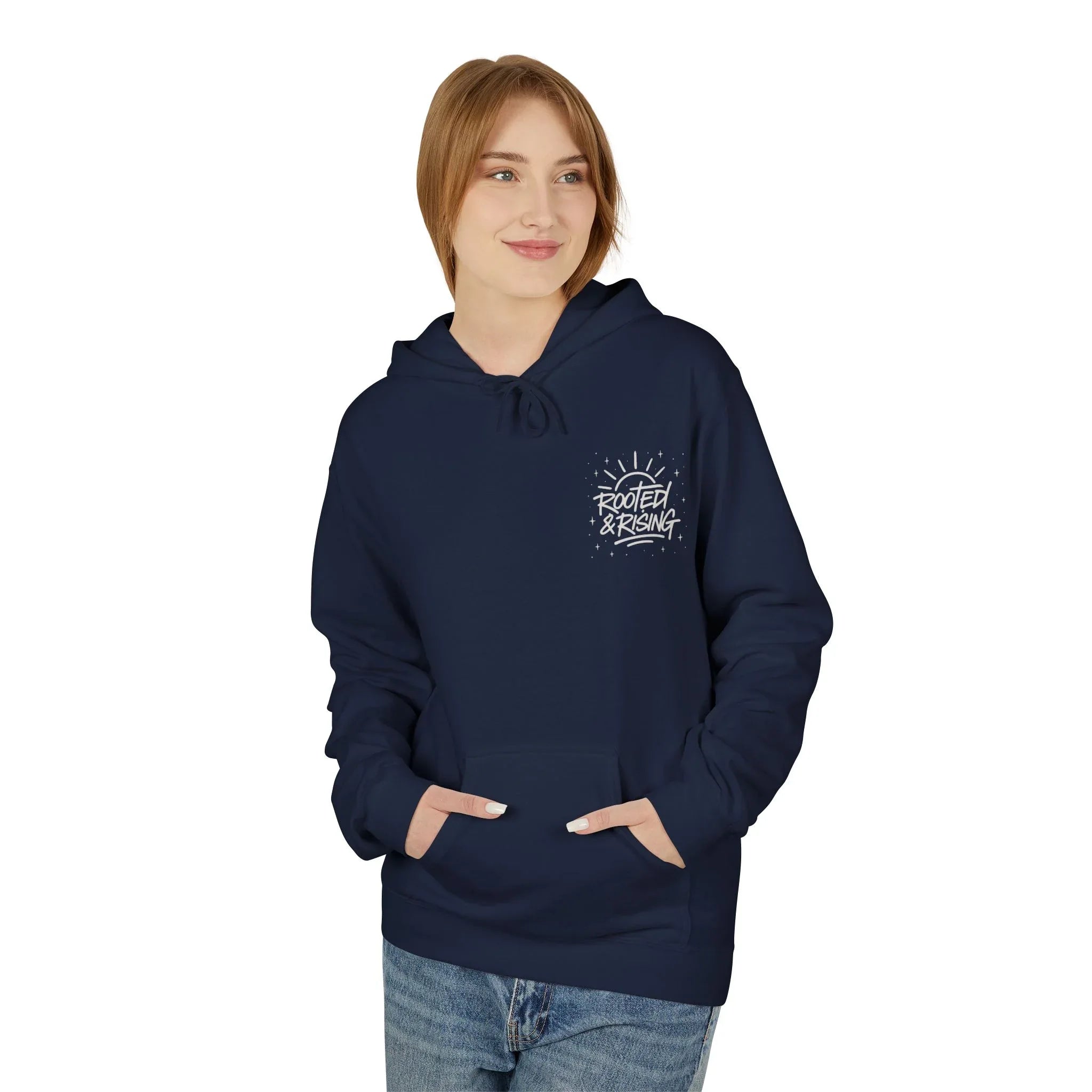 Navy hoodie with hood and front pocket, Rooted & Rising logo on chest
