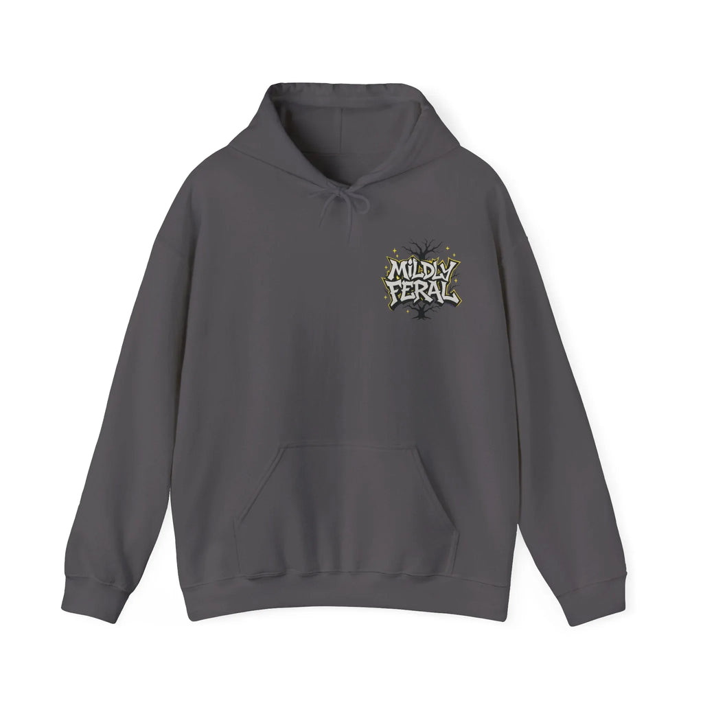 Charcoal gray pullover hoodie with small chest logo and front pouch pocket