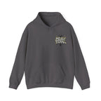 Charcoal gray pullover hoodie with small chest logo and front pouch pocket
