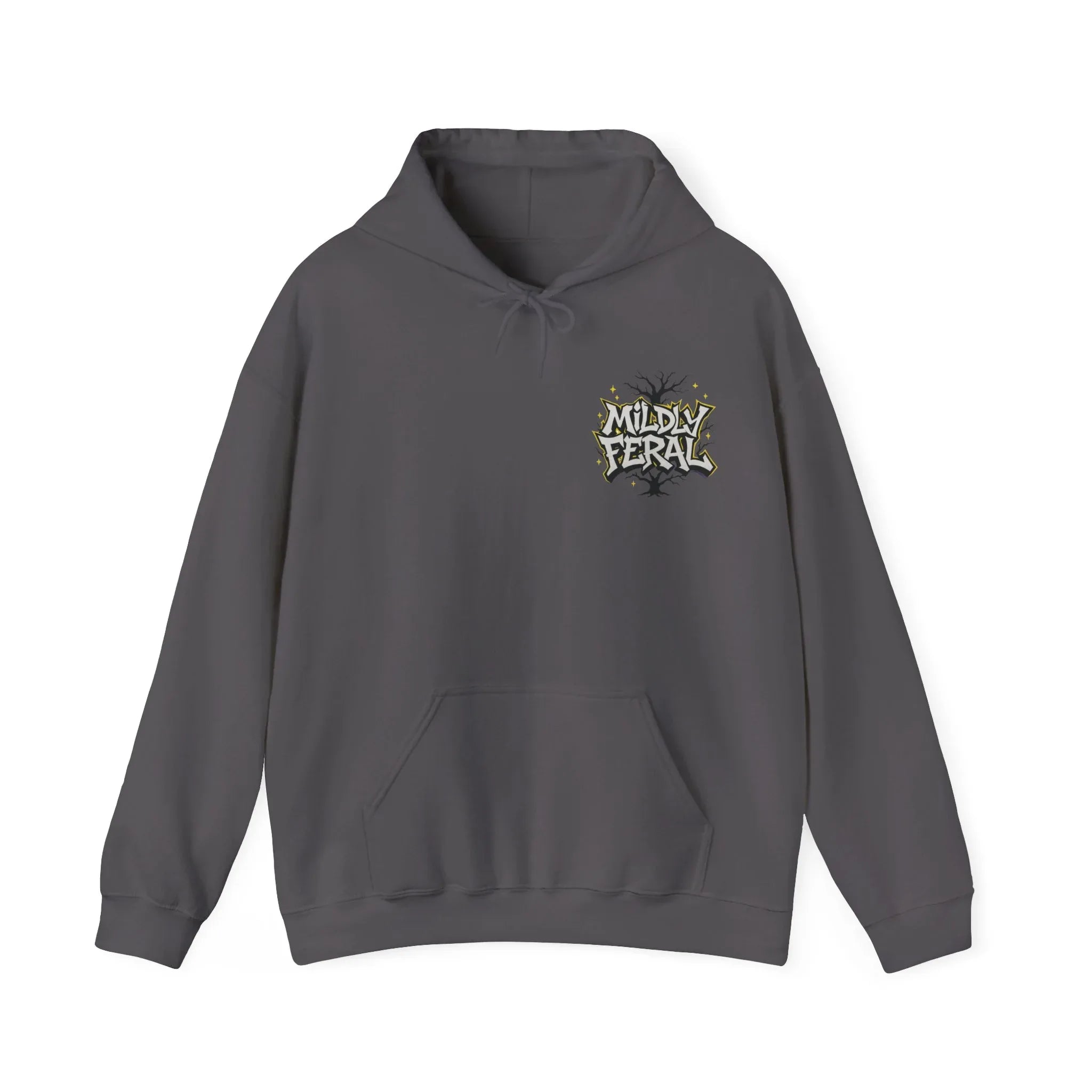 Charcoal gray pullover hoodie with small chest logo and front pouch pocket