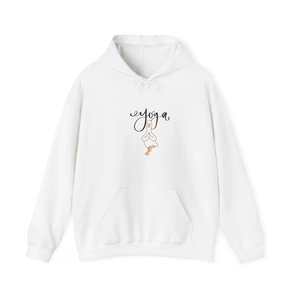 White duck pose hoodie with front hood, drawstrings, and front pouch pocket