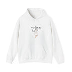White duck pose hoodie with front hood, drawstrings, and front pouch pocket