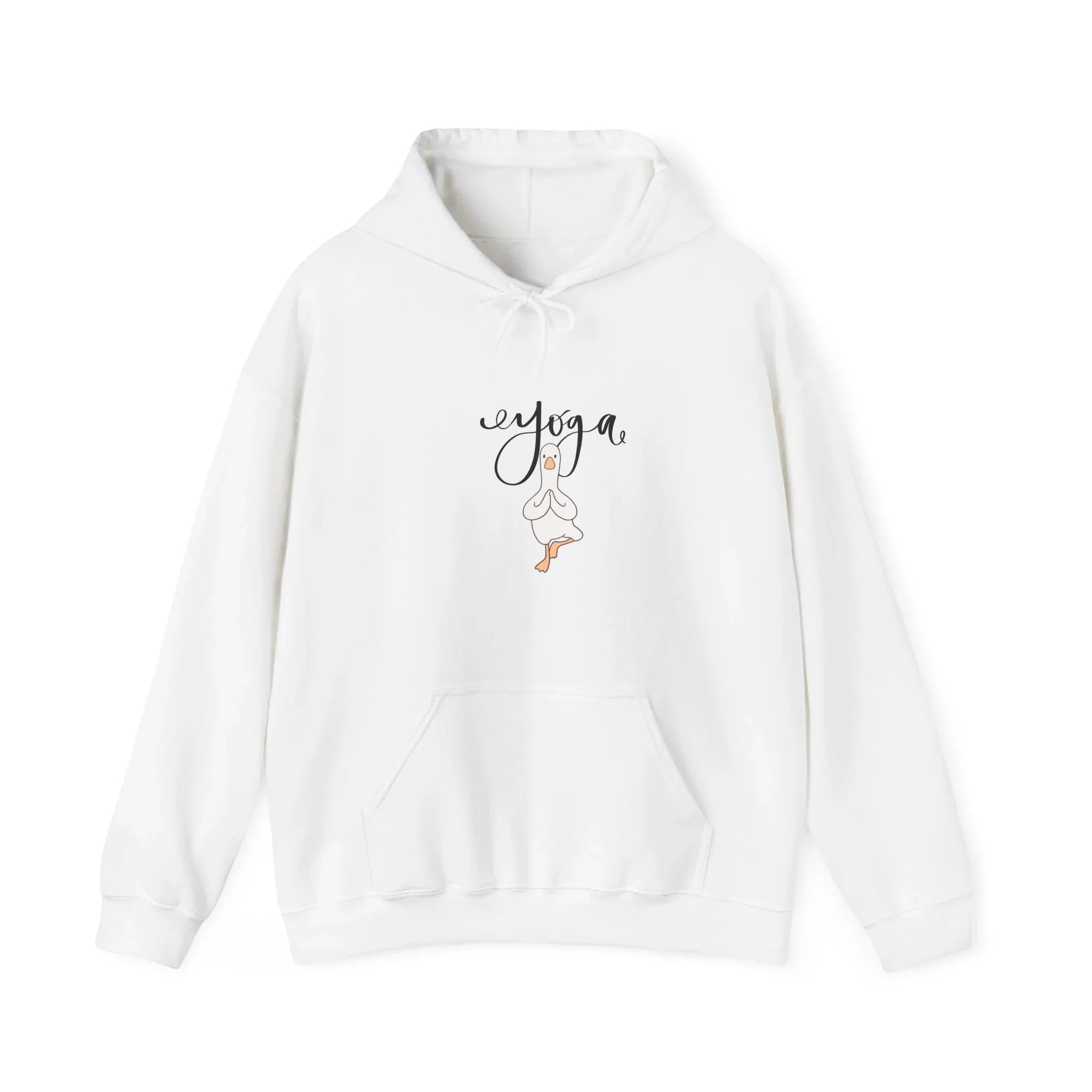 White duck pose hoodie with front hood, drawstrings, and front pouch pocket
