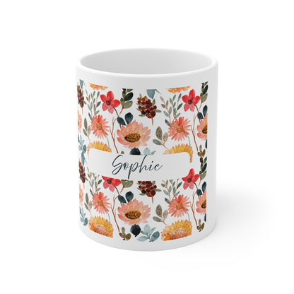 Personalised Floral Coffee Mug | Custom Name 11oz White Tea Cup