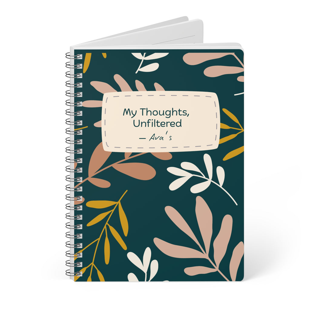 A5 spiral notebook with teal botanical cover and label reading My Thoughts, Unfiltered