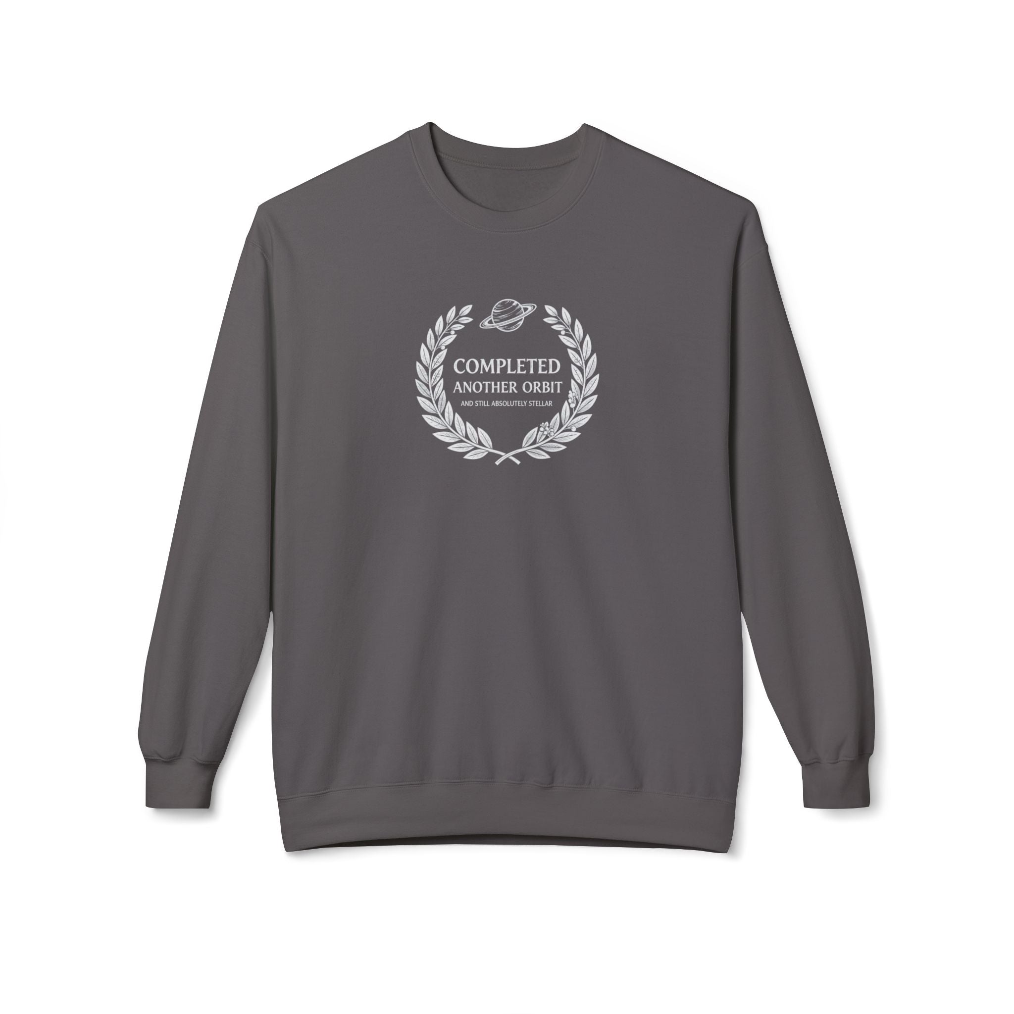 Charcoal gray crewneck sweatshirt with laurel logo graphic on chest