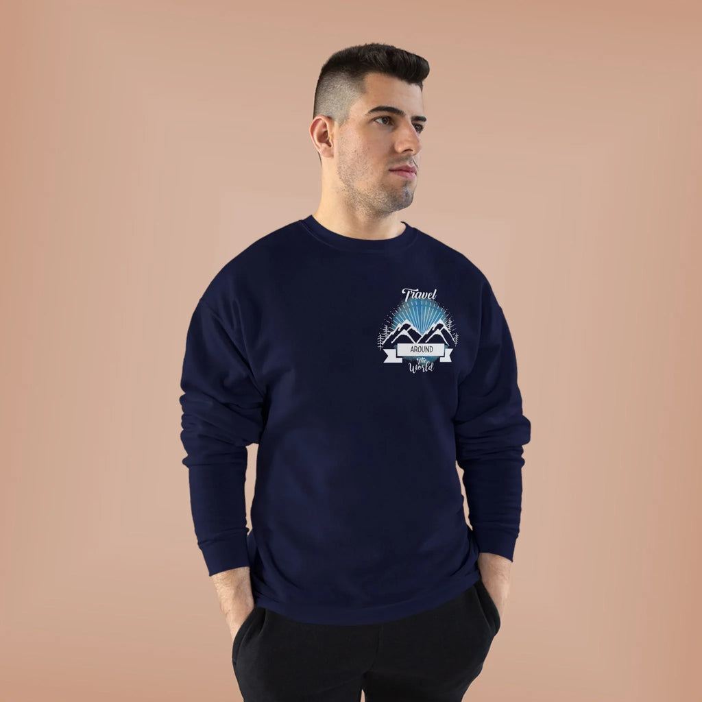 Navy crewneck sweatshirt with long sleeves and travel-themed chest logo graphic