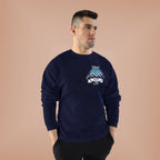 Navy crewneck sweatshirt with long sleeves and travel-themed chest logo graphic