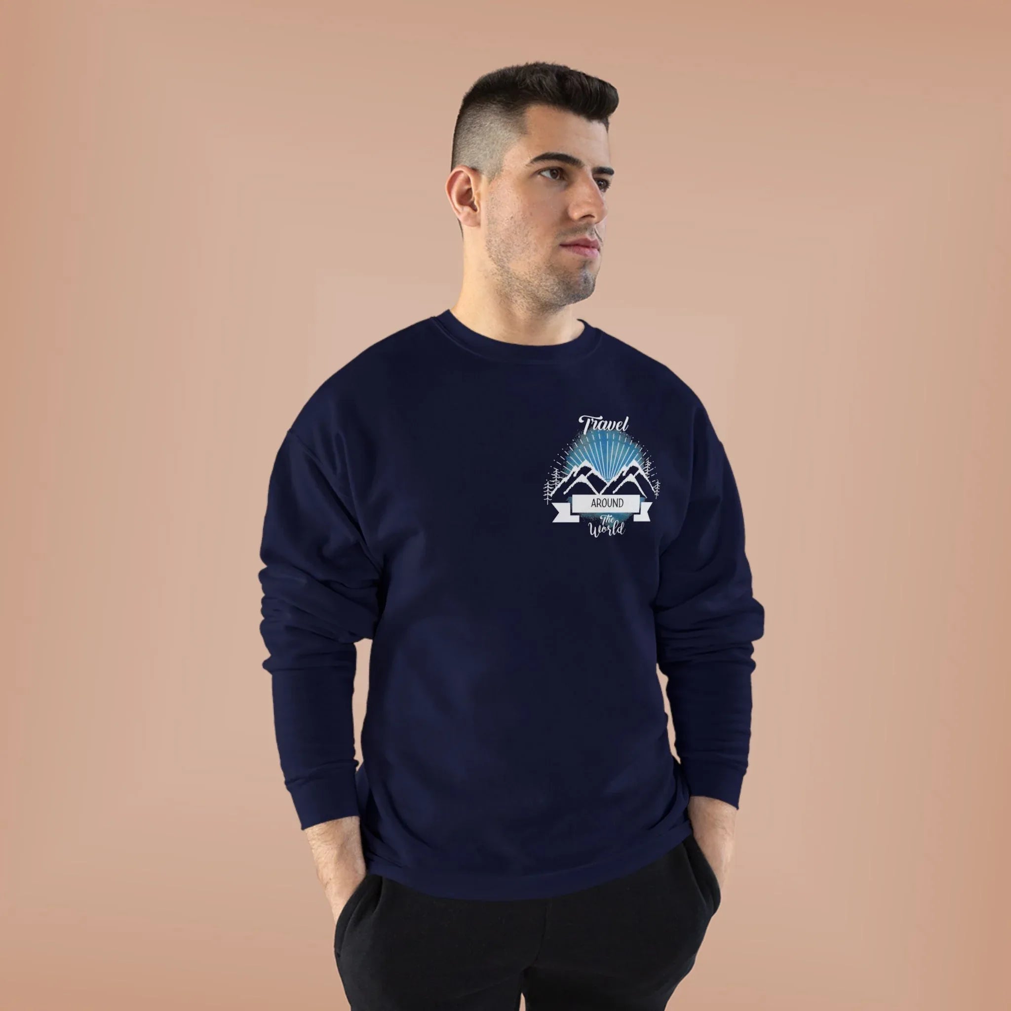 Navy crewneck sweatshirt with long sleeves and travel-themed chest logo graphic