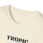 Natural/cream T-shirt close-up of neckline and large "TROPIC" text.