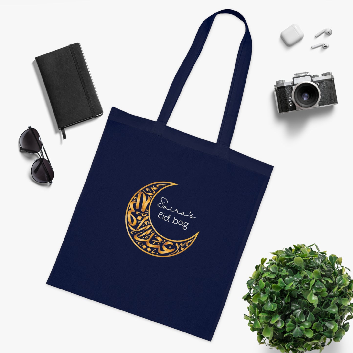 Personalised Eid Tote Bag | Custom Name Gold Crescent Moon Cotton Bag | Islamic Gift