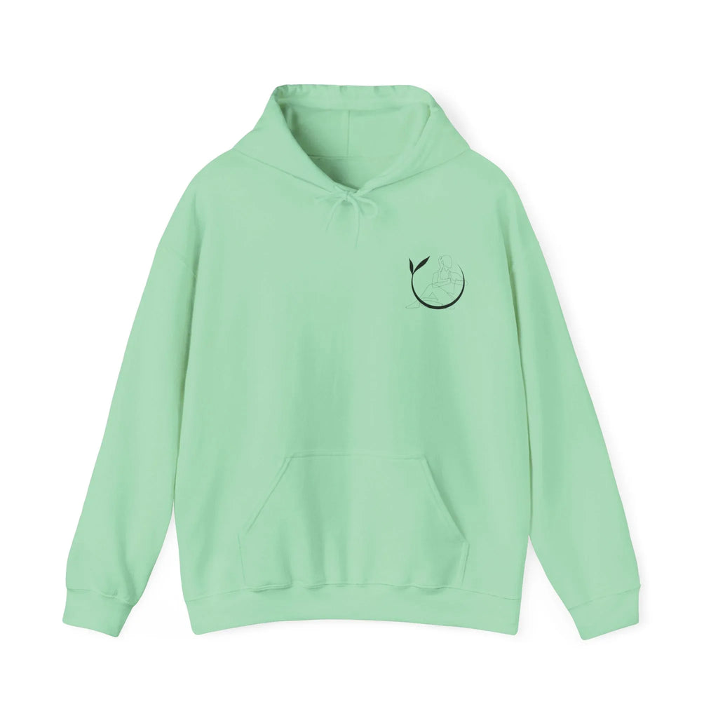 Mint green unisex yoga hoodie with drawstring hood and front kangaroo pocket, small chest emblem.