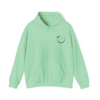 Mint green unisex yoga hoodie with drawstring hood and front kangaroo pocket, small chest emblem.