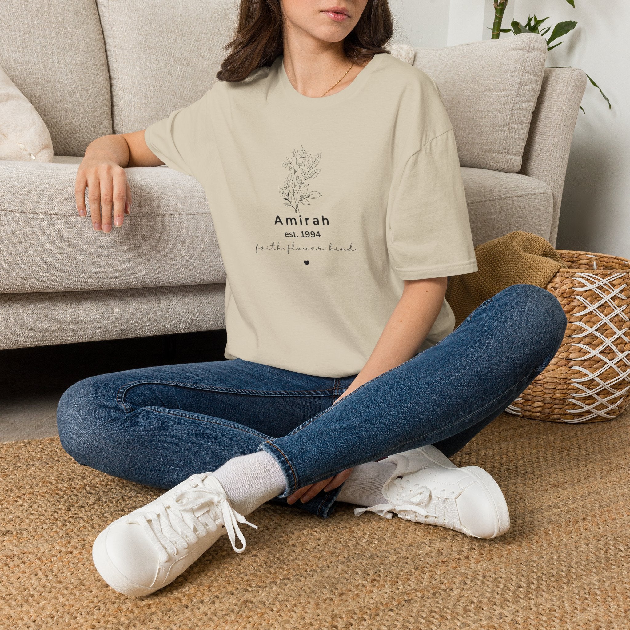 Personalized Floral Name T-Shirt — “Amirah est. 1994” Minimal Botanical Tee