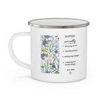 White enamel mug with floral panel and 'SOPHIE currently' text, handle.