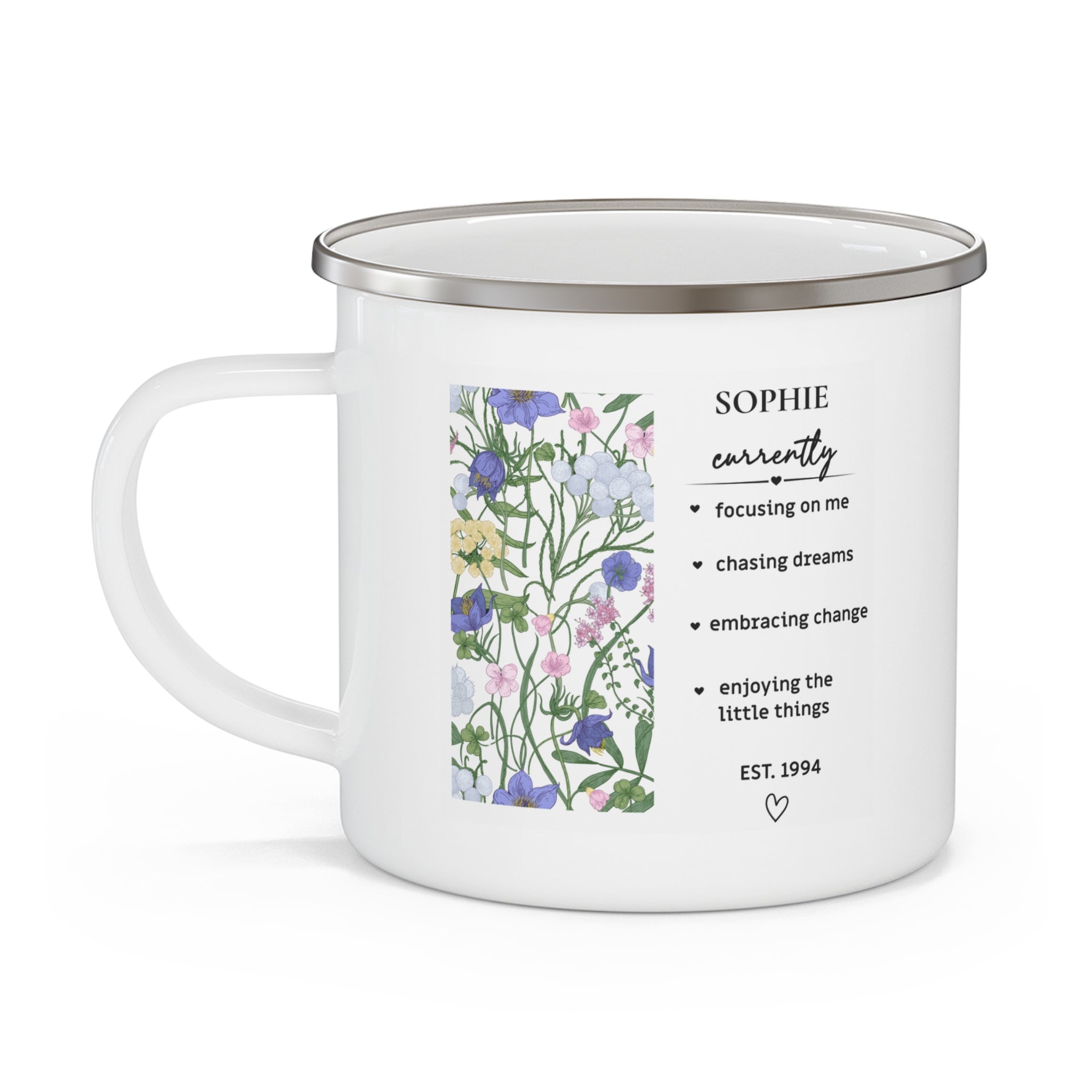 White enamel mug with floral panel and 'SOPHIE currently' text, handle.