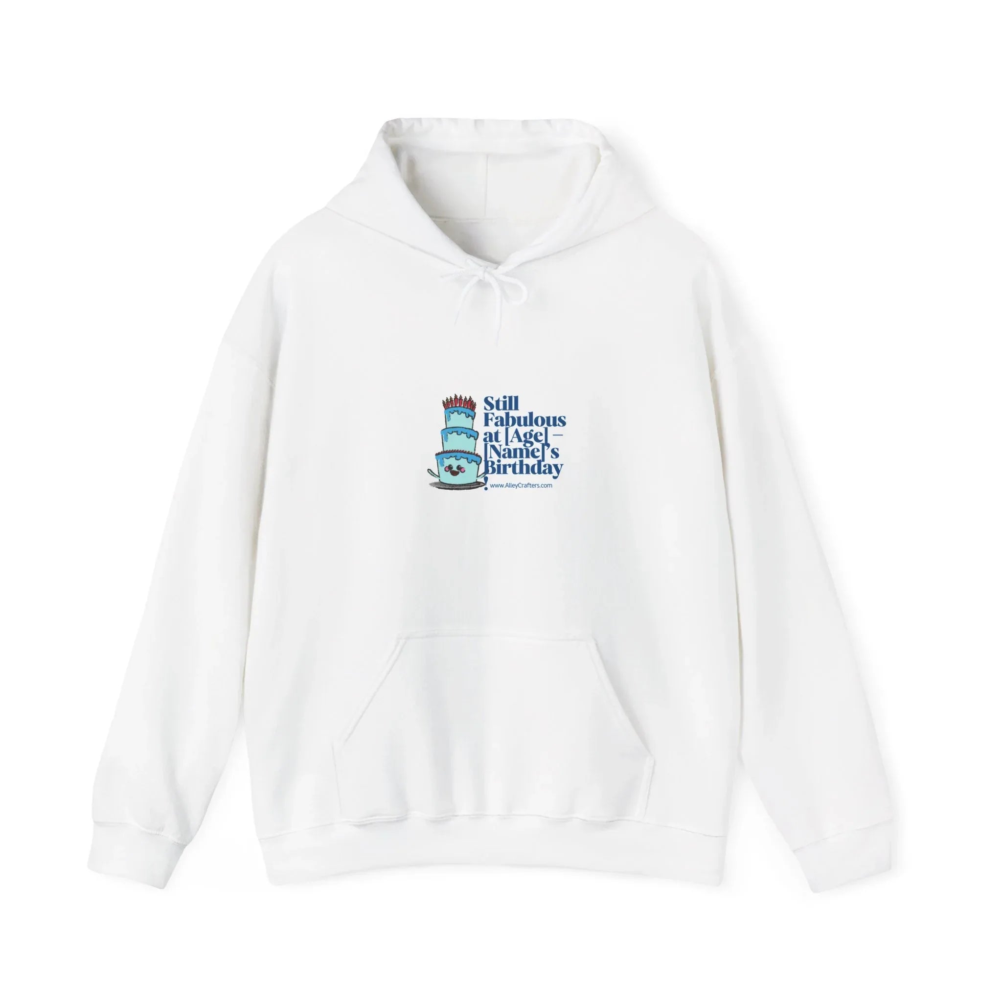 White pullover hoodie with chest birthday graphic print