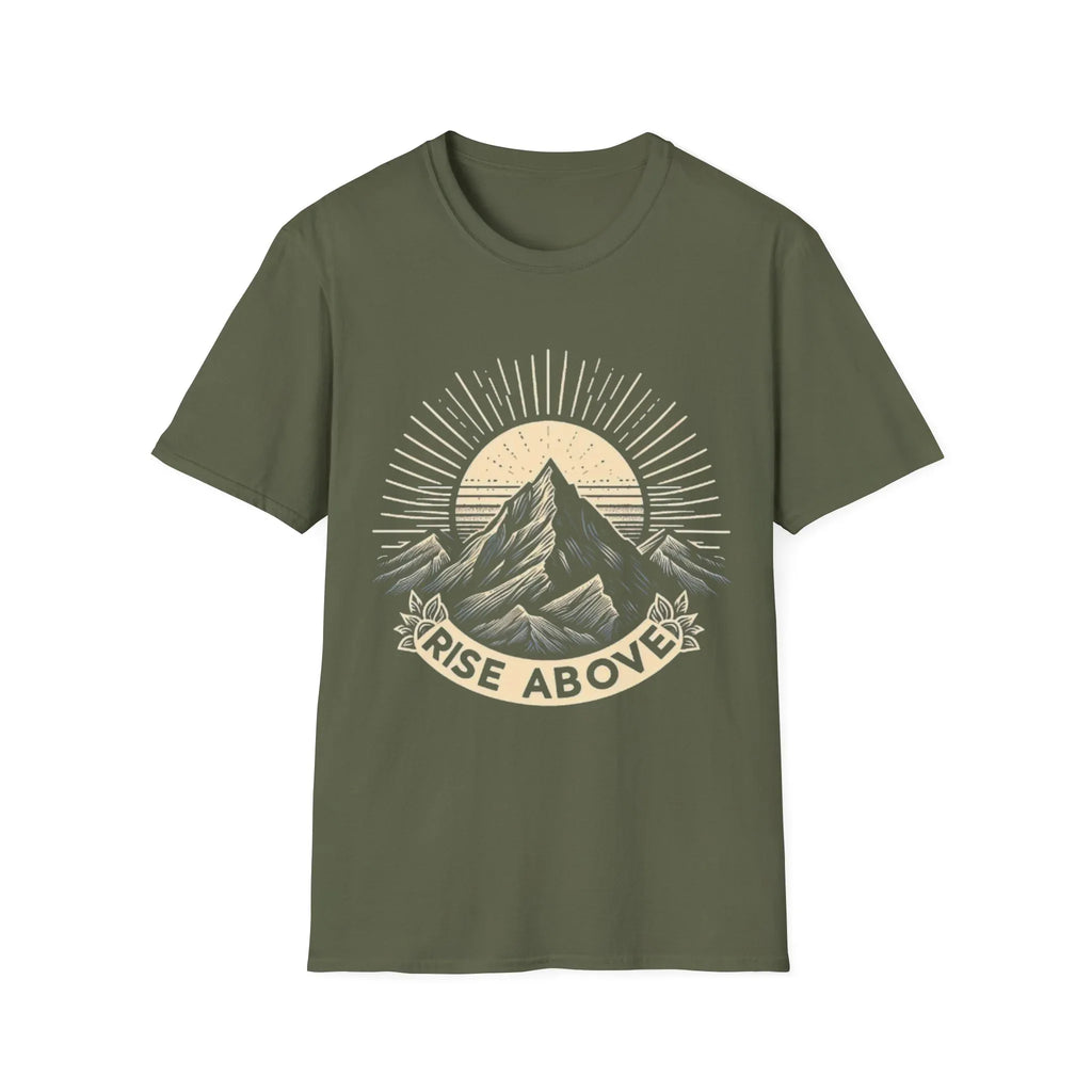 Olive green short-sleeve T-shirt with mountain sunrise “RISE ABOVE” graphic