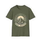 Olive green short-sleeve T-shirt with mountain sunrise “RISE ABOVE” graphic