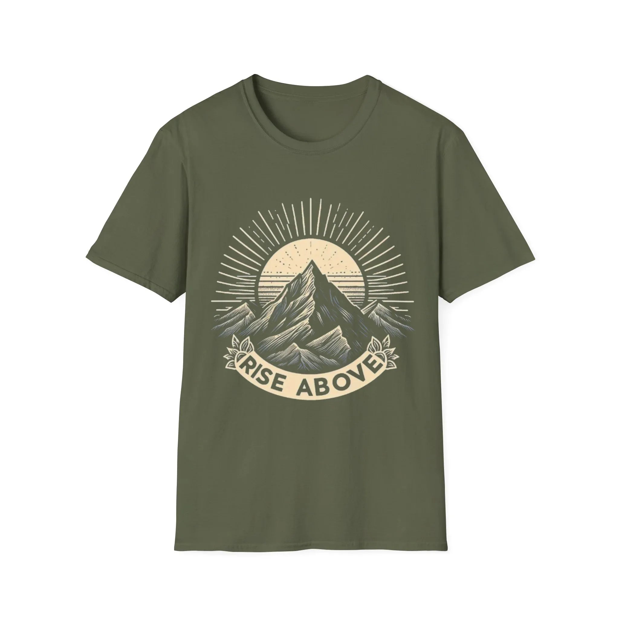 Olive green short-sleeve T-shirt with mountain sunrise “RISE ABOVE” graphic