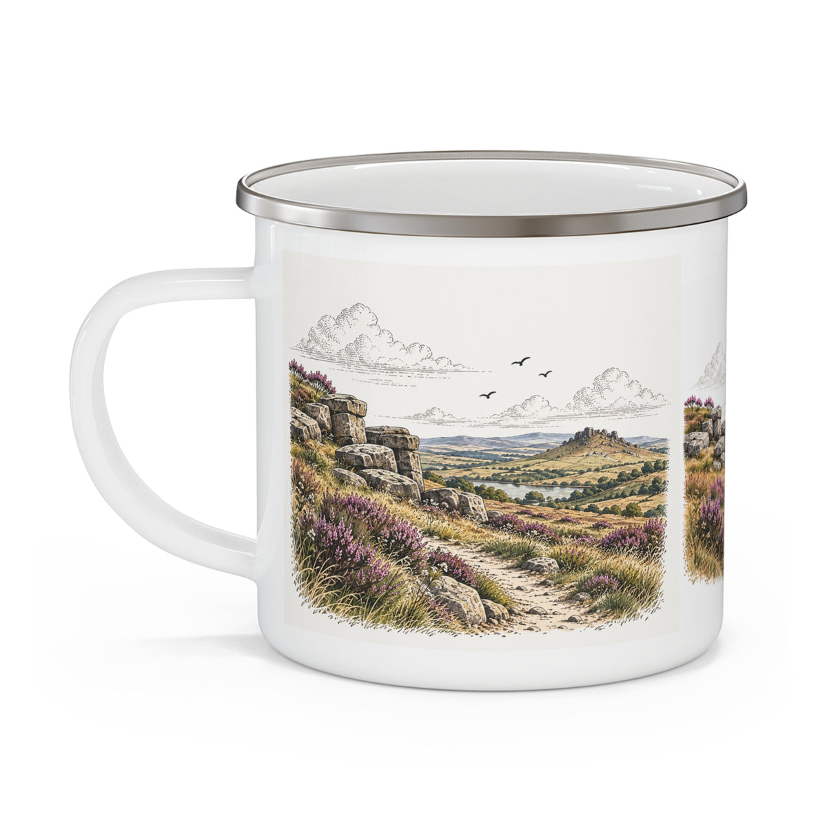 Personalised enamel camping mug, white with Dartmoor landscape graphic and birds