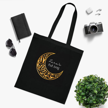 Personalised Eid Tote Bag | Custom Name Gold Crescent Moon Cotton Bag | Islamic Gift