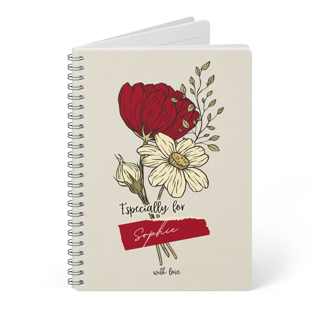 A5 floral journal notebook, beige cover with floral design and red name label