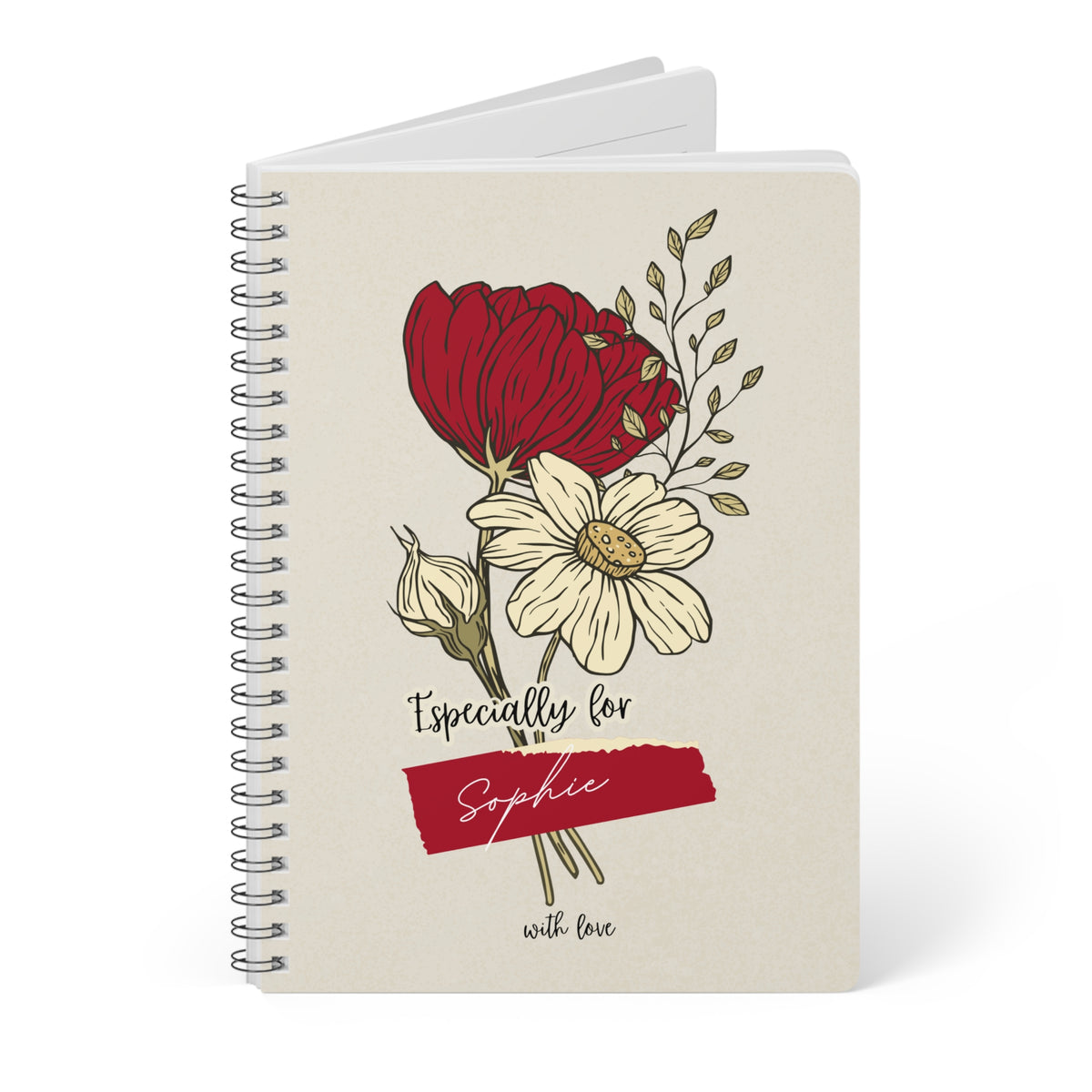 A5 floral journal notebook, beige cover with floral design and red name label